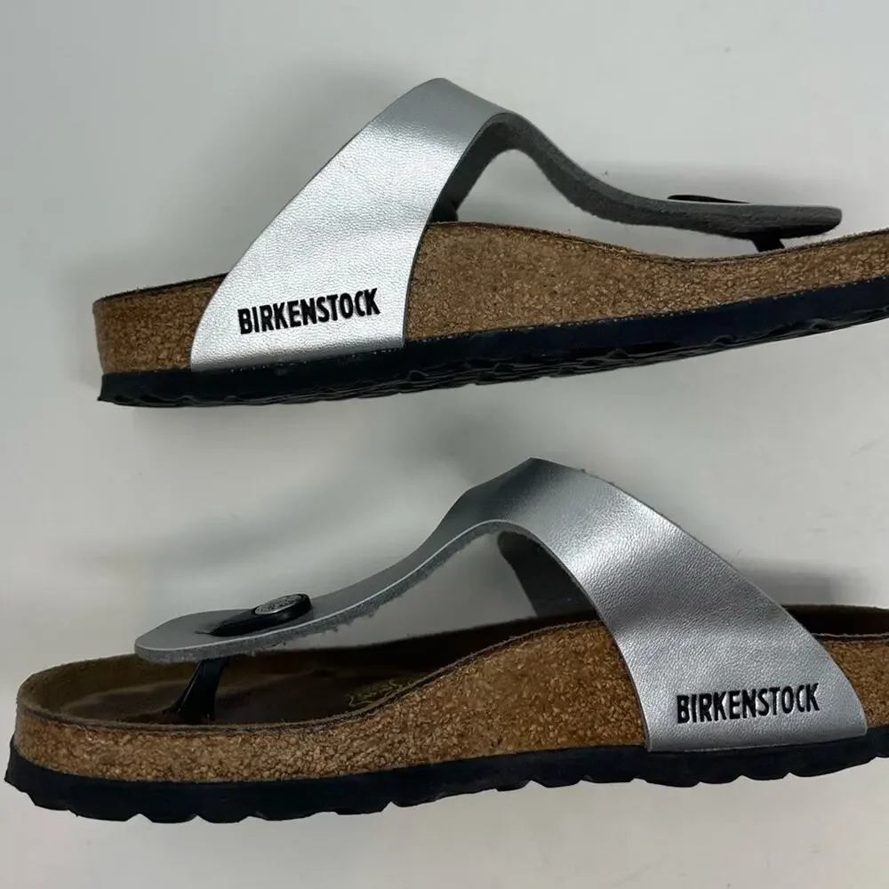 Birkenstock Gizeh Thong Sandals Leather Birko-Flor Silver Women’s 37 6-6.5